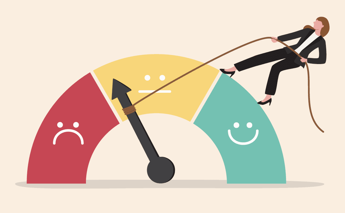 An illustration of a business woman wrangling a meter measuring her attitude with a rope