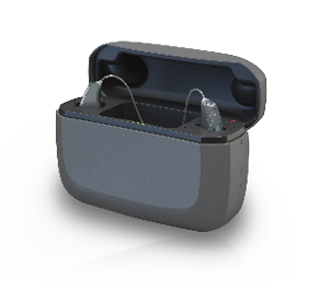 Rechargeable hearing aids shown placed in charger