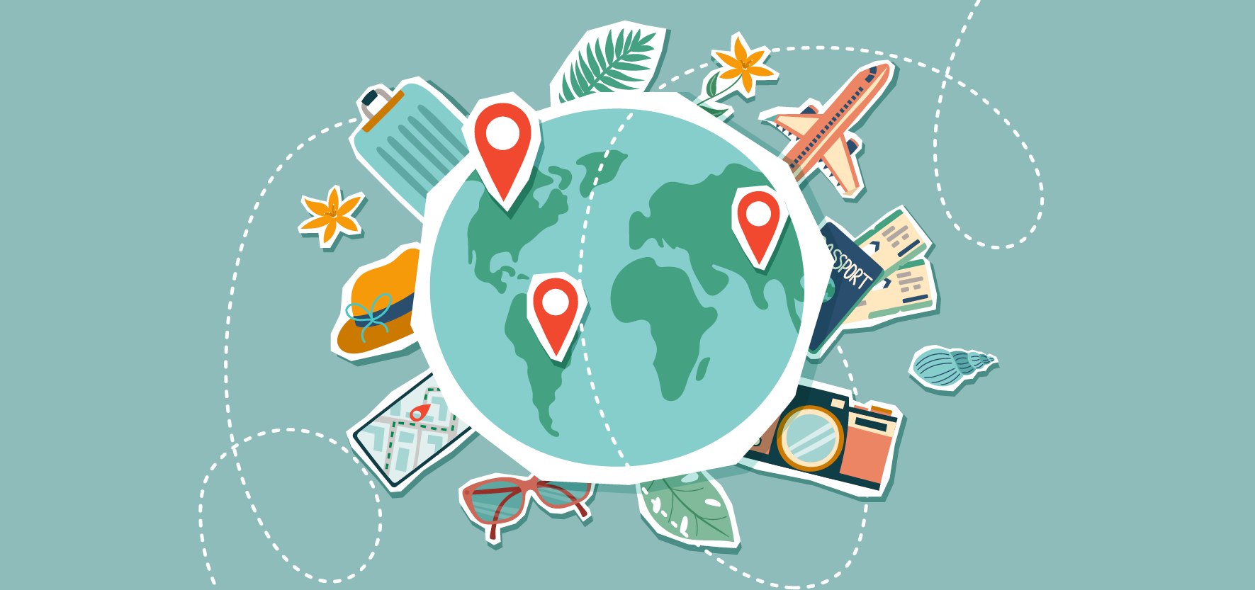 Illustration of a globe with location pins, surrounded by travel-themed items